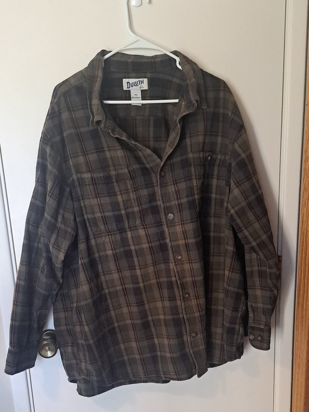 Duluth Trading Co Olive and Brown Plaid Button-Down Shirt